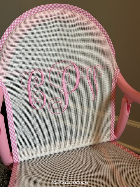 Girl’s white with pink gingham trim rocker and 3 initial script monogram