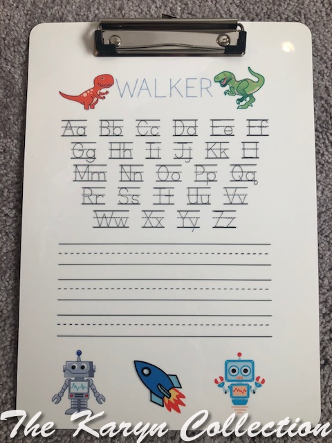 Walker's ABC wipe-off clipboard with dinosaurs, rocket ship and robots