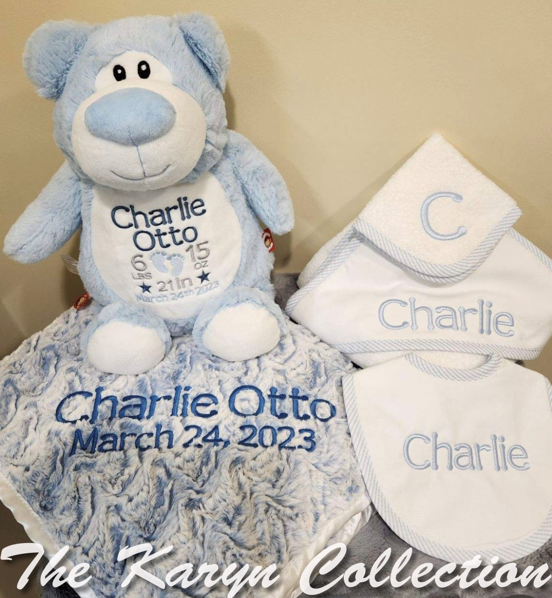 Charlie Otto's Blue Birth Bundle....minki and sherpa blanket, birth statistics bear and infant towel and bi