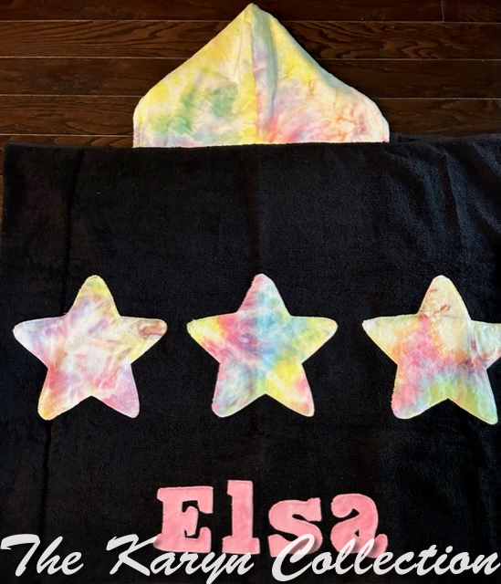 Elsa's Pastel Tie-Dye on Black Hooded Towel with 3 jumbo stars... new for 2023***