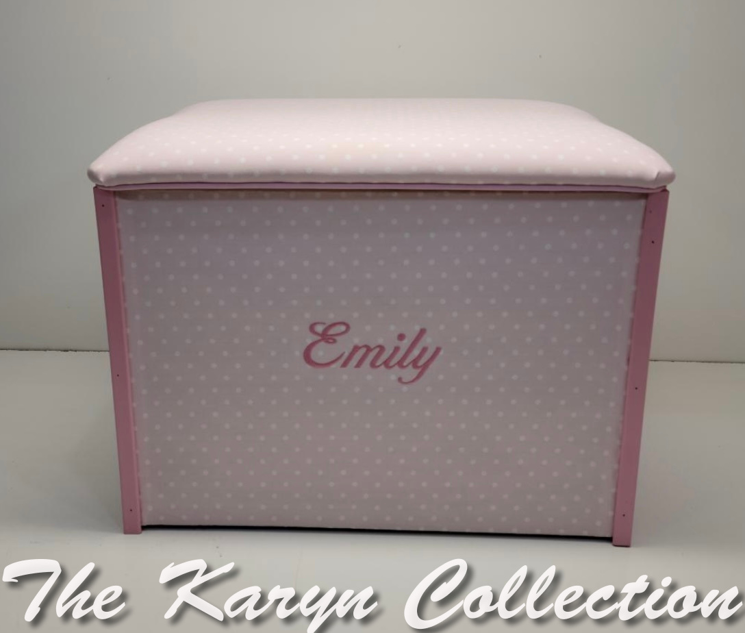 Emily's upholstered toy chest in pink multi dot